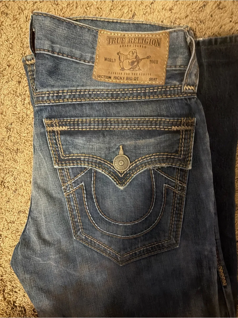 True Religion Men's Dark Blue Straight Leg Jeans with Signature Back Pockets